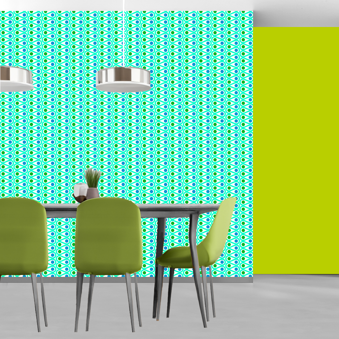 The artwork features a repetitive geometric pattern with curved, teal shapes creating loops that flow in symmetrical vertical columns. Inside the loops, there are solid circular shapes alternating between green and blue, with green circles in the left column and blue circles in the right column. The white background accentuates the vivid colors and clean lines of the design. The overall composition is balanced with a modern, vibrant aesthetic.